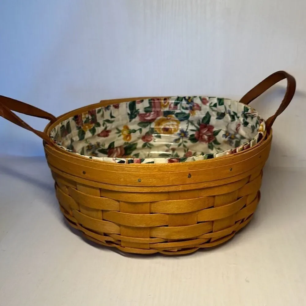 Longaberger Vintage Darning 1995 Round Basket‎ Leather Handles Floral Liner